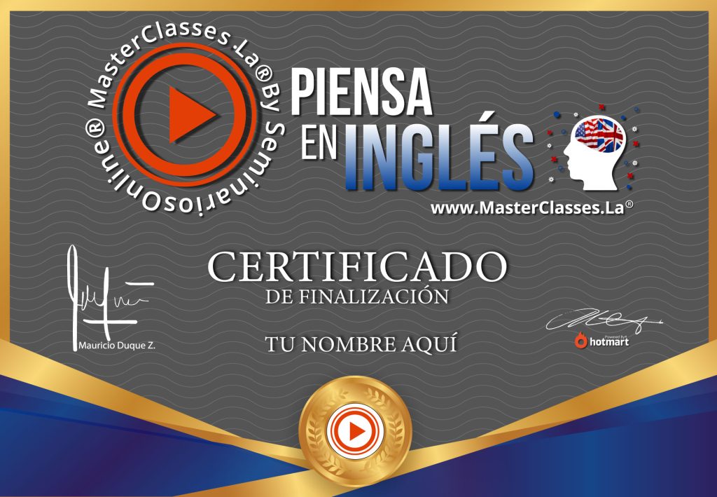 CERTIFICADO Curso Online de Ingles, Piensa en Ingles, Curso Ingles Hotmart